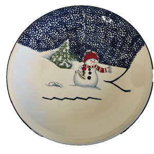 Thomson Snowman 12"Chop Platter, Blue Speckles On Half, Snowman/Center Christmas